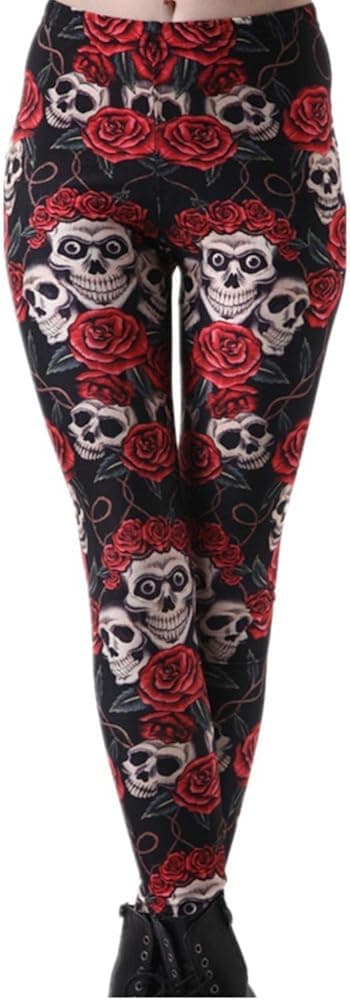 JOYHY Women's Stretchy Digital 3D Printed Plus Size Leggings Footless Tights Rose Skull J047 3XL