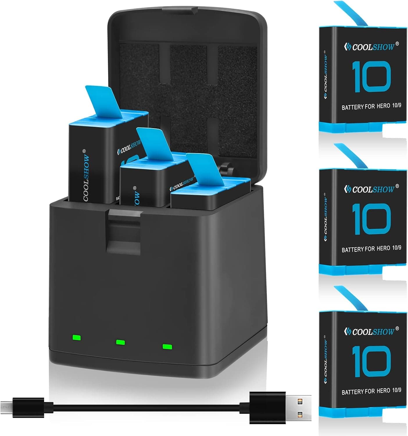 COOLSHOW Hero 10 Battery Hero 11/Hero 9 Battery 3 Packs and 3 Channel USB Hero 11/10/9 Battery Charger Replace for GoPro Hero 9 Black,GoPro Hero 10 Black,GoPro Hero 11 Black