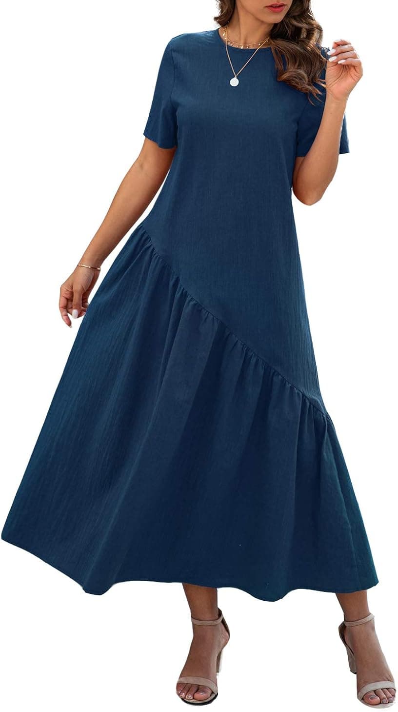 Minipeach Women's Summer Round Neck Sun Dresses Bohemian Plain Solid Ruffle Hem Maxi Dress