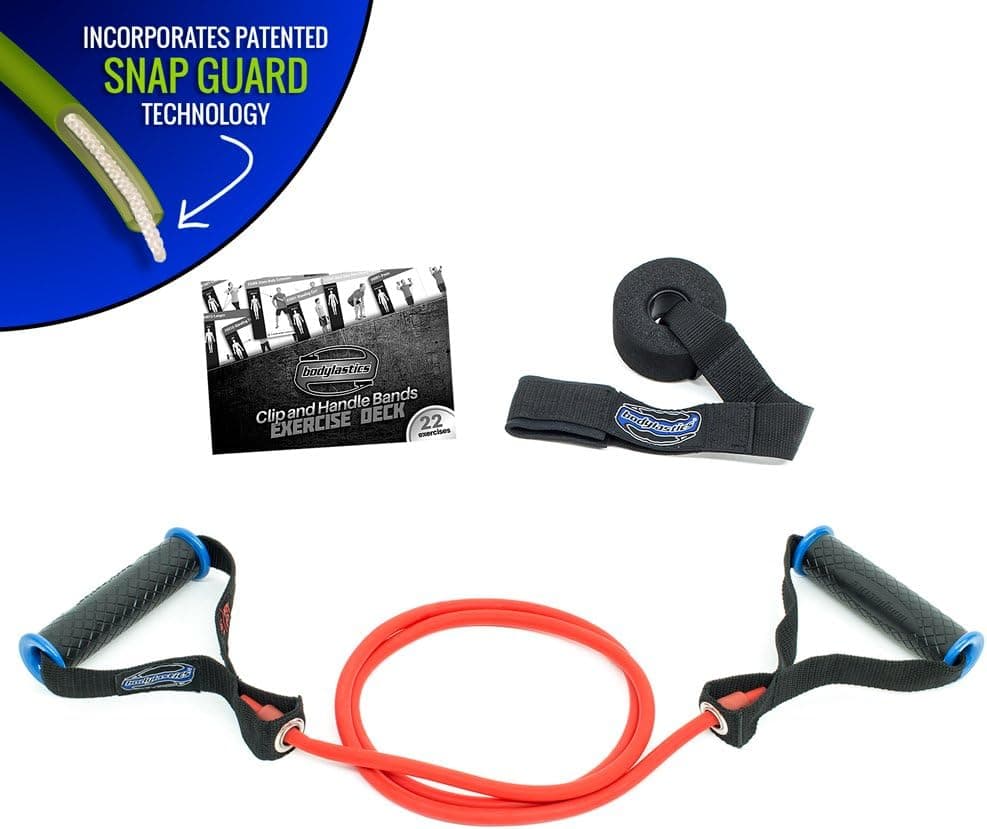 Bodylastics Single Resistance Tube Bands with Upgraded Handles Attached | Patented Anti-Snap Technology, TPR Sweat Resistant Waffle Grip, Door Anchor, and Exercise Booklet