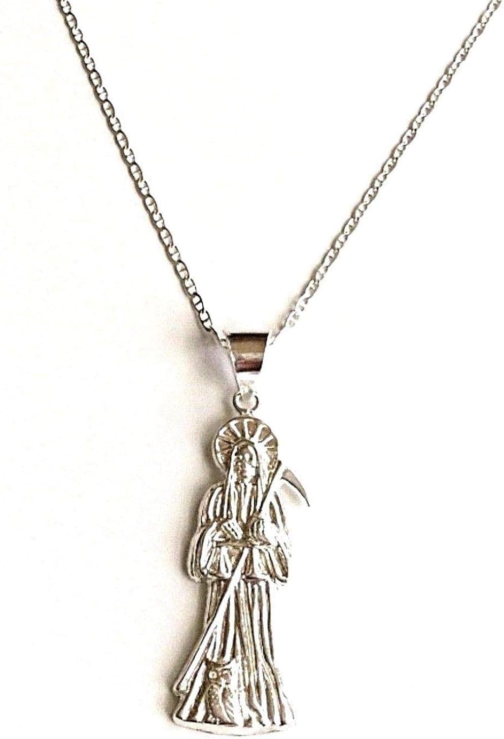 925 STERLING SILVER GRIM REAPER NECKLACE 20” LONG/925 PLATA CADENA DE LA SANTA MUERTE 20" LARGO -45x14mm