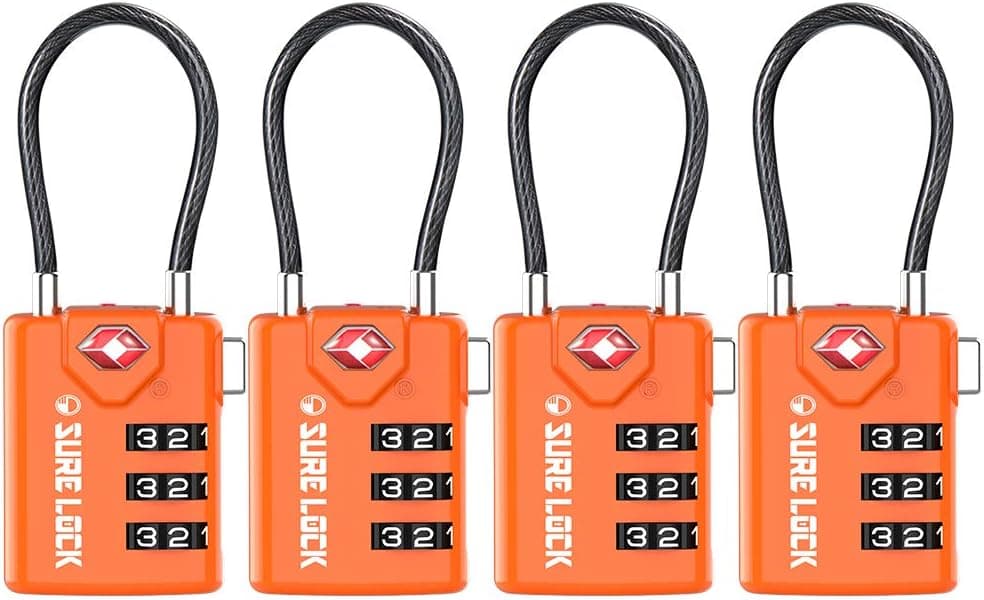 SURE LOCK TSA Compatible Travel Luggage Locks, Inspection Indicator, Easy Read Dials TSA Approved with Zinc Alloy Orange 4 Pack