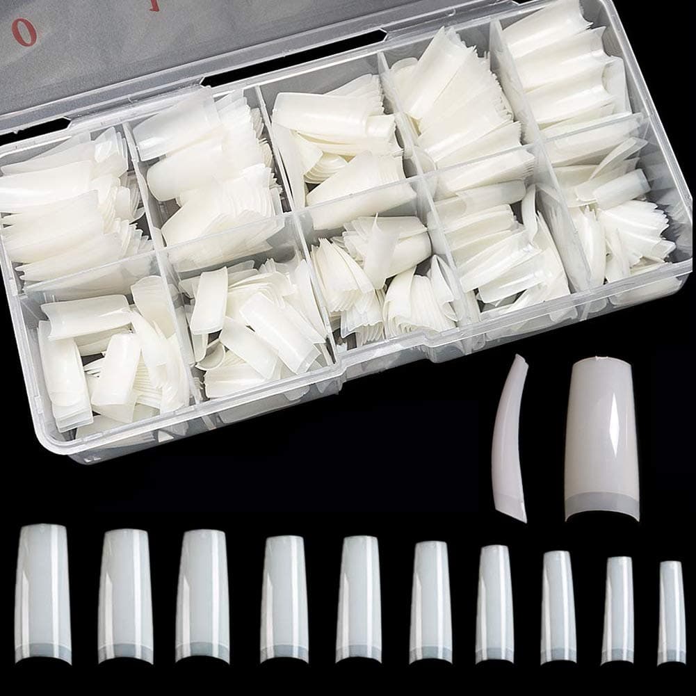 500PCS Natural Acrylic Nail Tips with Box - LANDOT Half Cover Fake Nails Artificial French Coffin Shaped False Nails Tip for Nail Salon, Home Nail DIY (10 size)