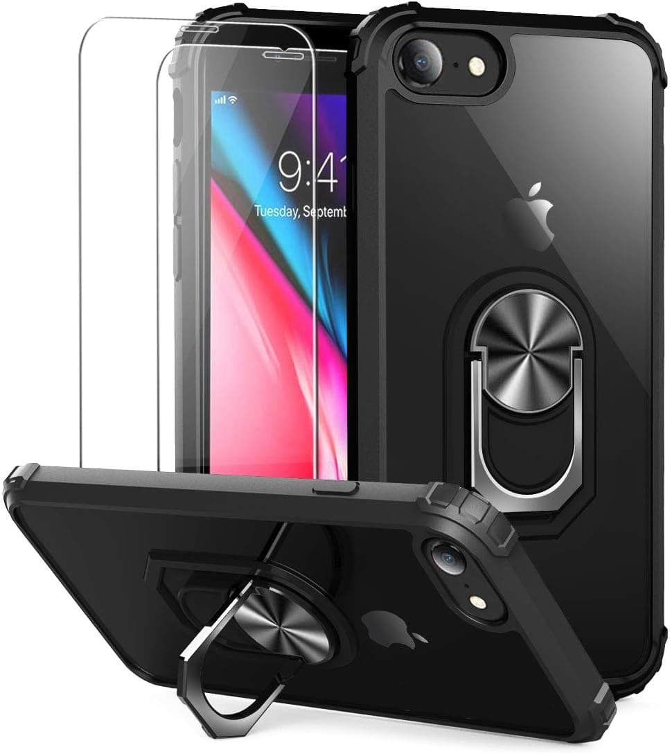 Vooii iPhone SE 2020 Case, Stand Case for iPhone 8/7, [2 Pack Tempered Glass Screen Protector], Military-Grade Clear Crystal Phone Case with Car Mount Kickstand for iPhone 7/8/SE - Black