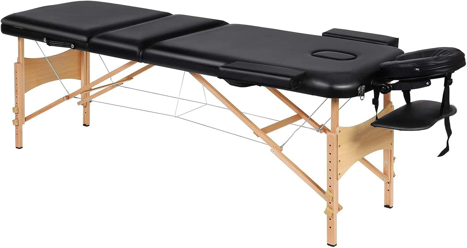 Portable Massage Table Professional Adjustable Folding Bed with 3 Sections Wooden Frame Ergonomic Headrest and Carrying Bag for Therapy Tattoo Salon Spa Facial Treatment