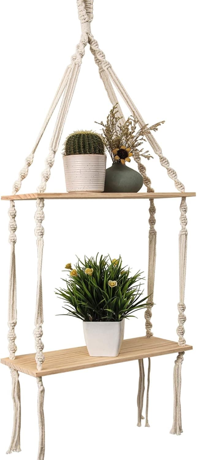 Easever Hanging Shelves for Wall, 2-Tier Macrame Shelf Wooden Floating Shelf Plant Hanger, Wall Hanging Boho Shelf Room Decor for Window, Bathroom, Bedroom, Apartment, Living Room