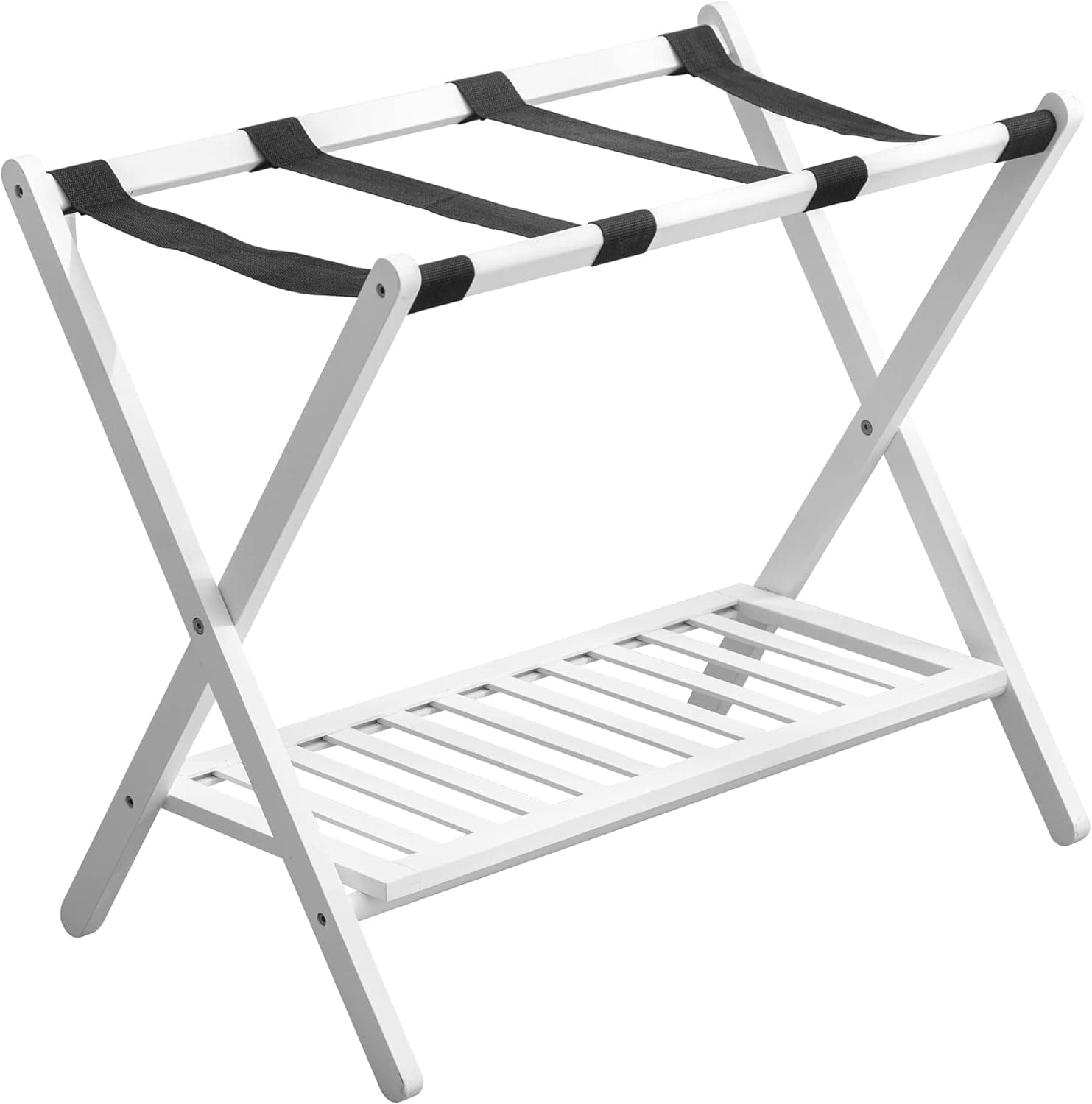 Zoopolyn Luggage Rack with Storage Shelf for Guest Room Folding Suitcase Bamboo Stand Hotel Bedroom White