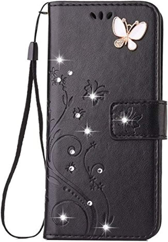 Lozeguyc Compatible with Galaxy S10 Plus Bling Handmade Crystal Rhinestone Case,3D Beauty Lucky Flowers Butterfly PU Leather Credit Card Kickstand Strip Wallet Cover for Samsung Galaxy S10 Plus-Black