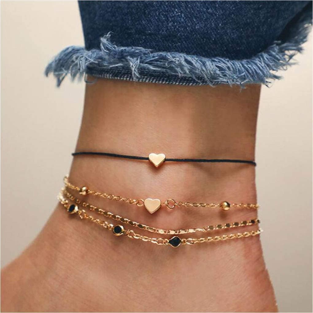 Yalice Multi-Layered Black Crystal Anklets Gold Heart Cord Ankle Bracelet Beach Foot Jewelry for Women and Girls