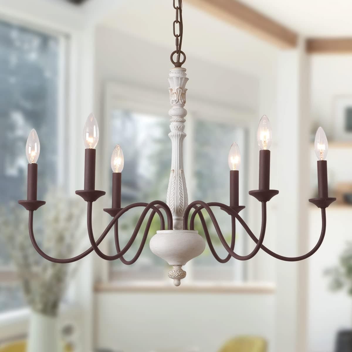 French Country Chandelier, Farmhouse White Distressed Dining Room Lighting Candle Style 6-Light Industrial Iron Pendant Light for Dining Room, Bedroom, Living Room and Bathroom Vintage White Brown