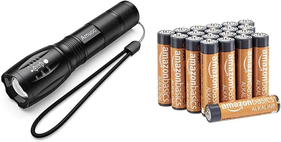 Flashlights, LED Tactical Flashlight S1000 - High Lumen, 5 Modes, Zoomable, Water Resistant, Handheld Light & AmazonBasics 20-Count AAA High-Performance Alkaline Batteries, 10-Year Shelf Life