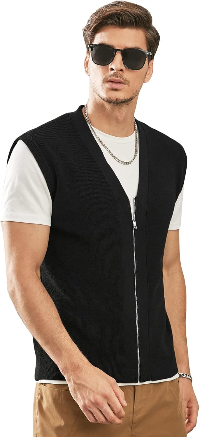 WDIRARA Men's Zip Up V Neck Sleeveless Casual Lightweight Stretchy Sweater Vest