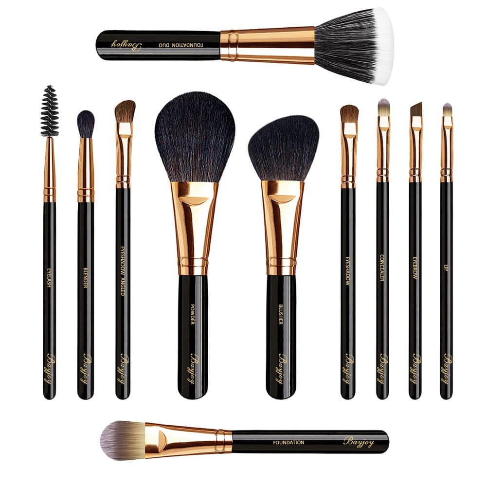 BAYJOY 11 Pieces Makeup Brushes Set Professional Cosmetic Brush Tools Soft Goat Hair Fiber with Portable Zipper Bag, Gold