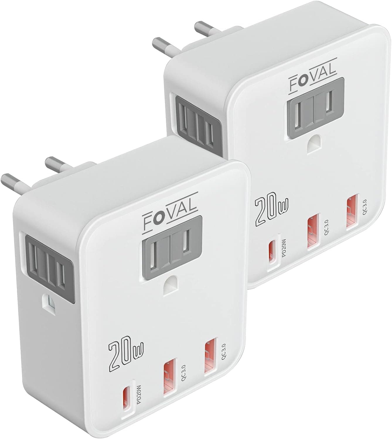 [2-Pack] European Travel Plug Adapter, FOVAL Europe Power Adapter with 20W PD Type-C Port, 3 US Outlets and 3 USB Ports, 6 in 1 Plug Adapter US to Most of Europe France Germany Spain Italy Iceland