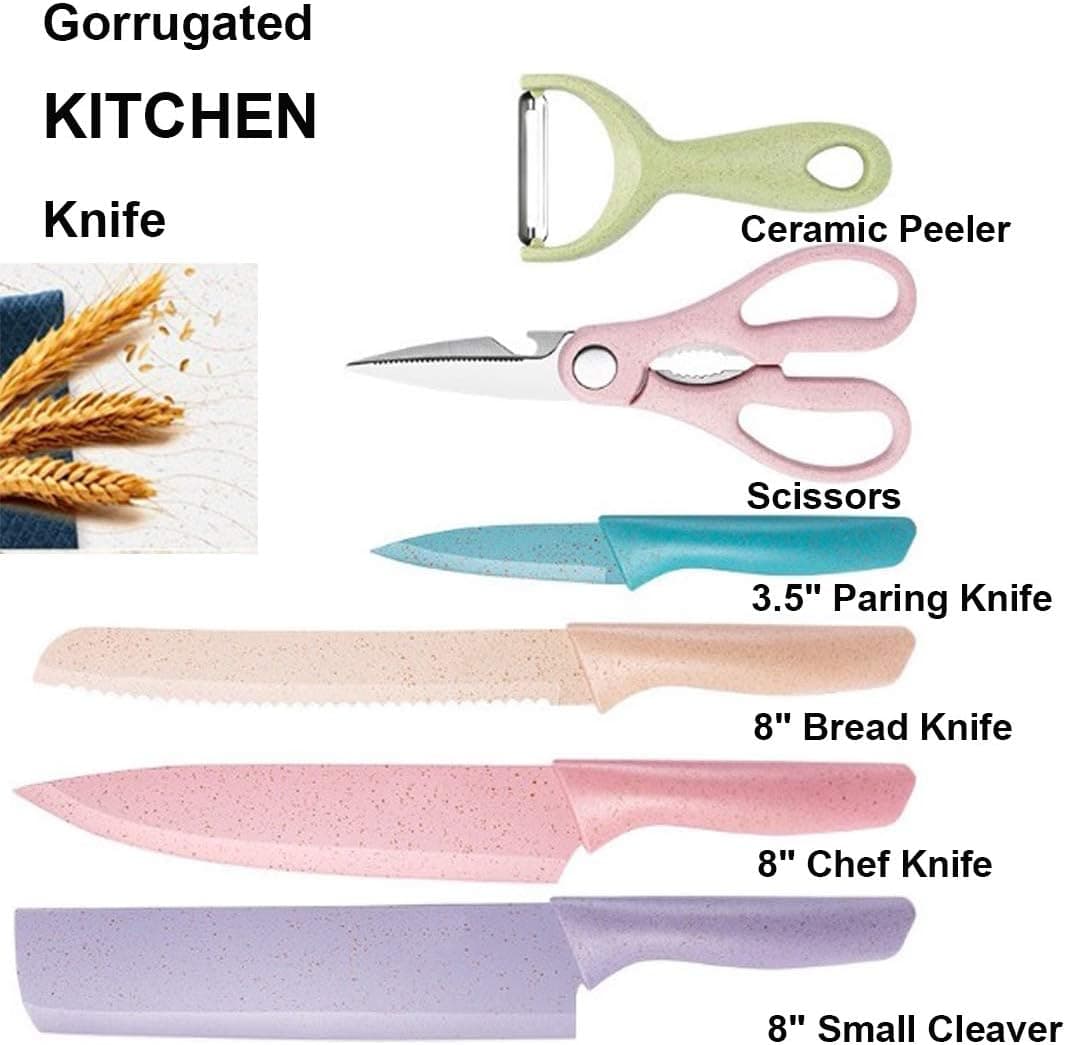 Kitchen Cutting Knife Set 6 Pieces Colorful Chef Knife Set with box, Sheaths Grip Zirconium Blade Non-Stick Blades with High Carbon Stainless Steel, Including Knives, Peeler, Scissor