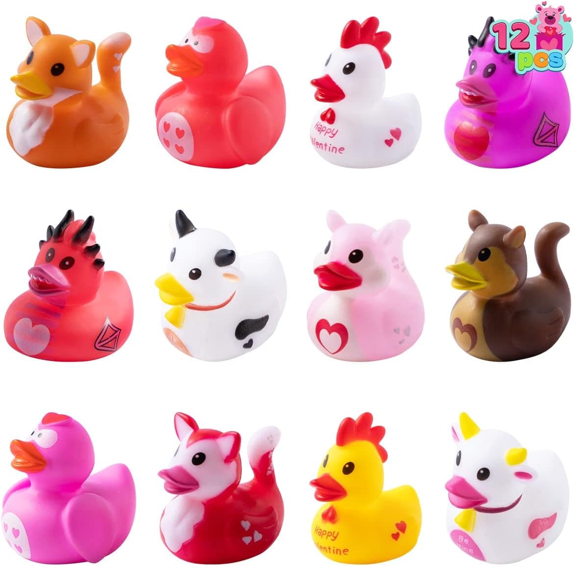 JOYIN 12 Pcs Valentine’s Day Fancy Novelty Bath Rubber Duckies for Valentine’s Themed Gifts, Kids Toys Party Supplies, School Classroom Prizes