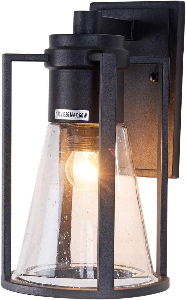 Rustic Farmhouse Outdoor Wall Sconces Waterproof Exterior Light Fixtures Outdoor Wall Lantern for Front Porch, Patio, Garage, Yards, IP65 Waterproof, Black Finish with Funnel Seed Glass