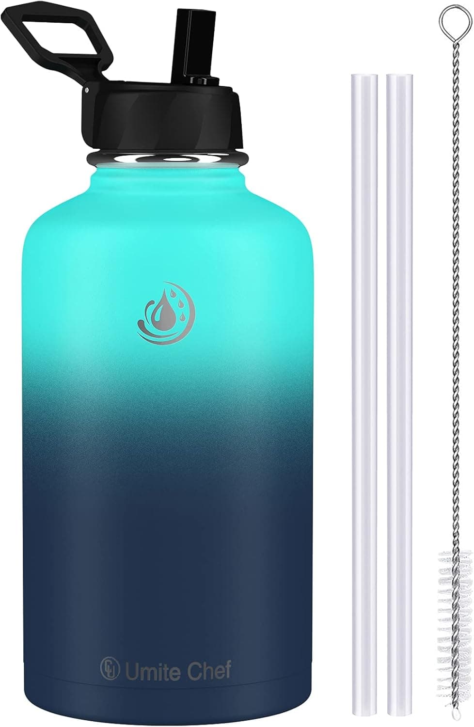 Umite Chef Stainless Steel Water Bottle with Straw, 64 OZ Wide Mouth Vacuum Insulated Sports Water Thermos Bottle with Leak-proof Wide Handle Straw Lid, Double Walled Flask Thermos Mug(Ocean)