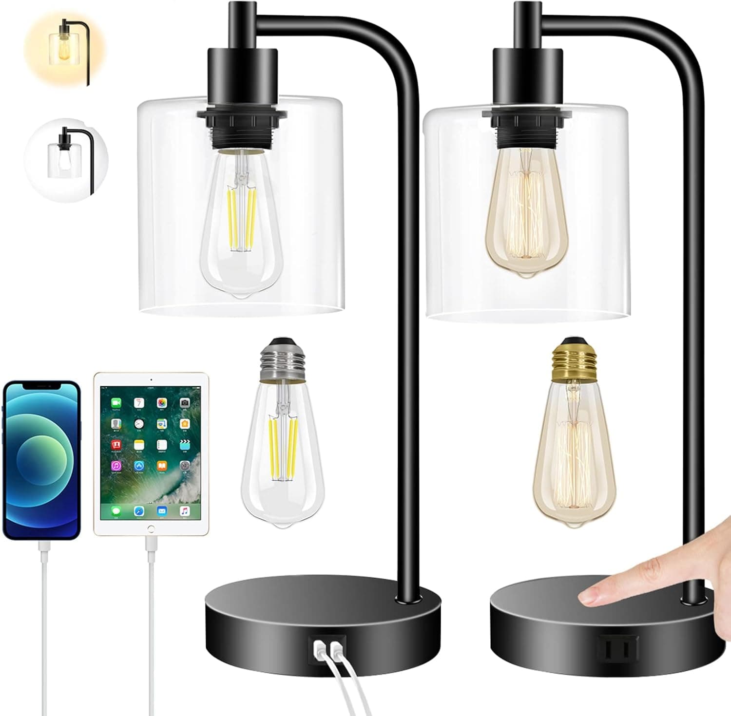 Table Lamp, Set of 2 Industrial Lamp,Touch Control Table Lamps with 2 USB Ports and AC Outlet,3 Way Dimmable Bedside Nightstand Lamps for Bedroom Reading Living Room-2 Type 4 Bulbs Included