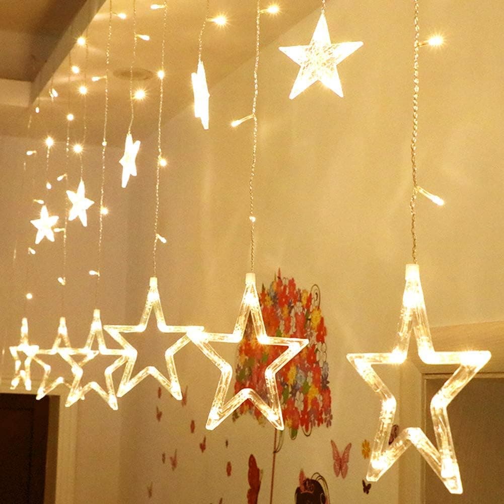 138 LED Star Window Curtain String Lights, 12 Stars 8 Modes Decorative Twinkle Stars Lights with Remote Control Christmas Lights for Indoor Outdoor Home Holiday Wedding Party Decoration (Warm White)