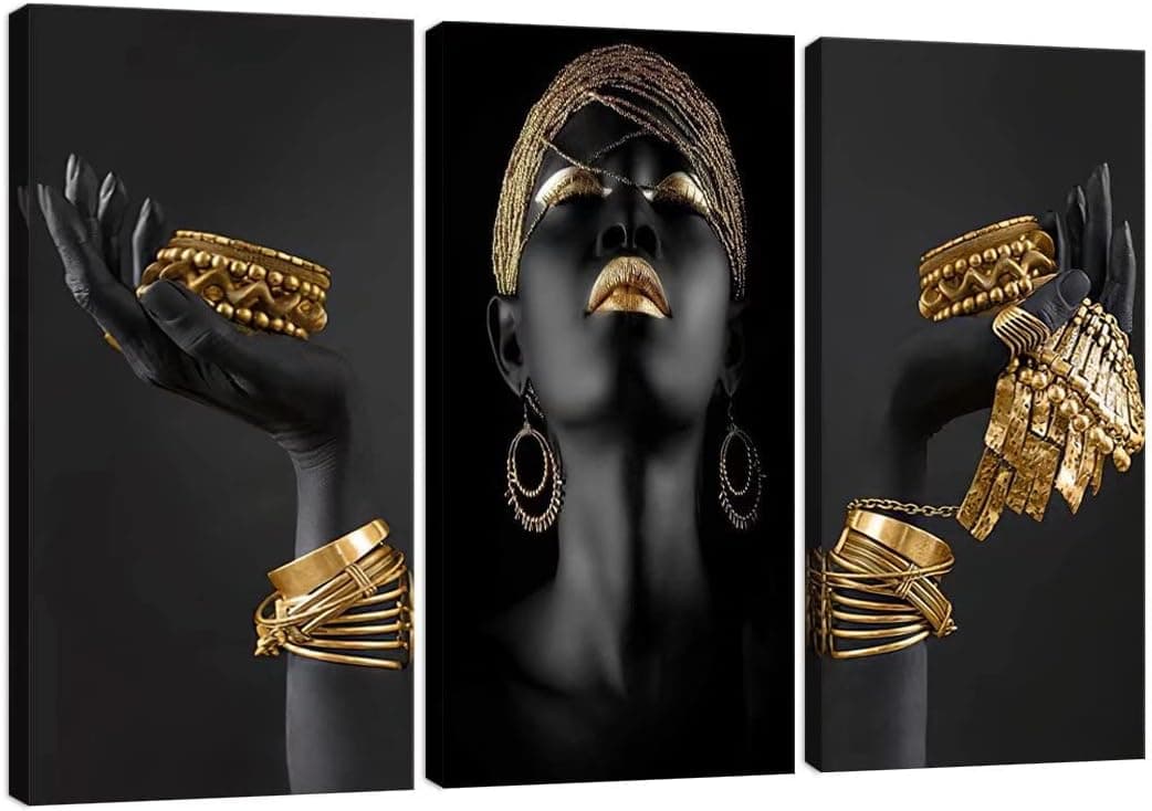 HJL Art African Girl Wall Art Black Canvas Paintings,Black Girl Hand With Gold Jewelry Print Picture Poster Home Decor for Office Bedroom Wall Decoration Framed Ready to Hang(40 inch H x 60 inch W)