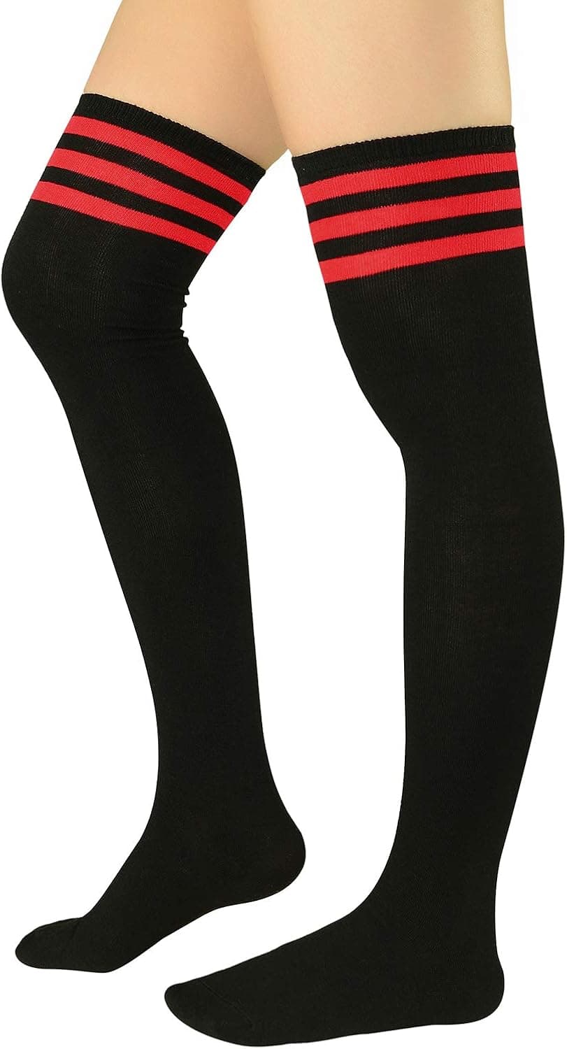 Zando Womens Thigh High Socks Thin Thigh High Stockings Casual Over the Knee Socks Long Thigh Highs Socks Cosplay Leg Warmers Striped Stockings for Women 1 Pair Black Red Stripe US Size 8-12
