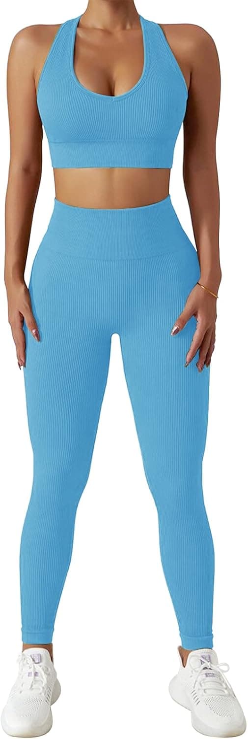 Jetjoy Women 2 PCS Workout Set Seamless Super Soft Material Deep V Neck Bra+Leggings Sports Suit Yoga Outfits