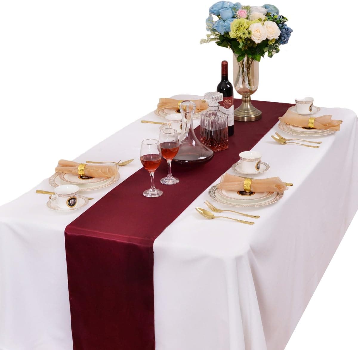 LOVWY 5 PCS 12 x 108 Inches Satin Table Runners for Wedding Party Engagement Event Birthday Graduation Banquet Decoration (Burgundy)