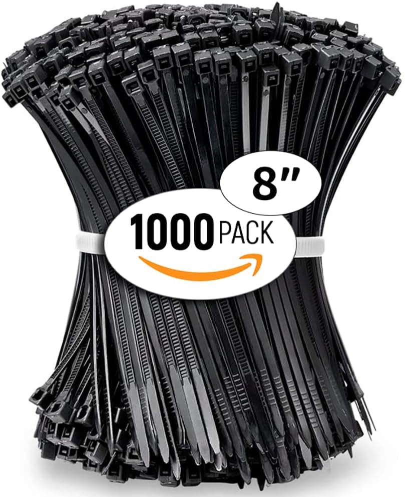 ALBO Zip Ties Black 8 Inch 1000 Pack Plastic Cable Ties Thick 0.14 Inch Tie Wraps Heavy Duty 40 lb UV Resistant Nylon Wire Ties for Indoor and Outdoor