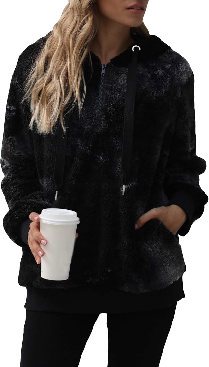 Yanekop Womens Fuzzy Fleece Sweatshirt Tie Dye Sherpa Pullover Oversized Hoodie with Pockets(Black 1,L)