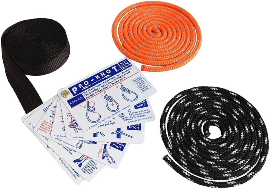 SGT KNOTS Tying Kit - (17) Waterproof Instruction Cards, (2) 6ft Double-Braided Ropes, (1) 6ft Nylon Webbing
