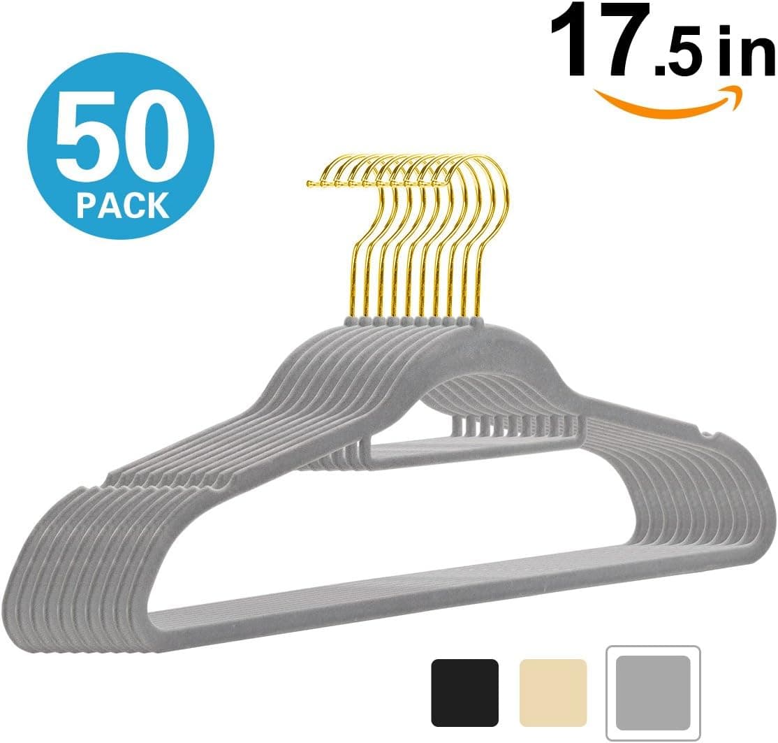 MOGI'S Premium Velvet Hangers - 50 Pack - Gray - Gold Hooks - Non-Slip, with Bonus Accessory Bar- Great for Suits, Pants, Dresses (Gray)