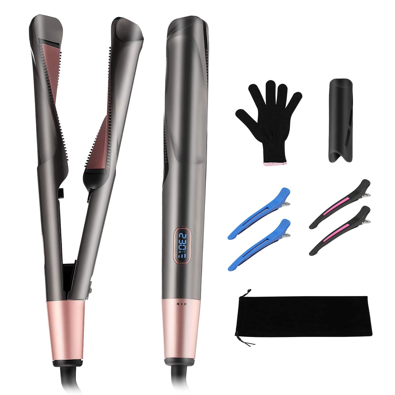 isinlive Professional Hair Straightener and Curler, 2 in 1 Flat Iron Hair Straightening and Curling with Tourmaline Ceramic Spiral Panel, Adjustable Temp, Auto Shut-Off & LCD Digital Display