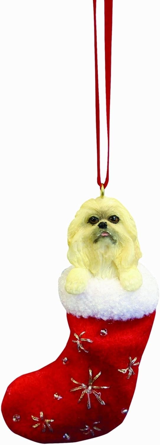 Pekingese Christmas Stocking Ornament with "Santa's Little Pals" Hand Painted and Stitched Detail
