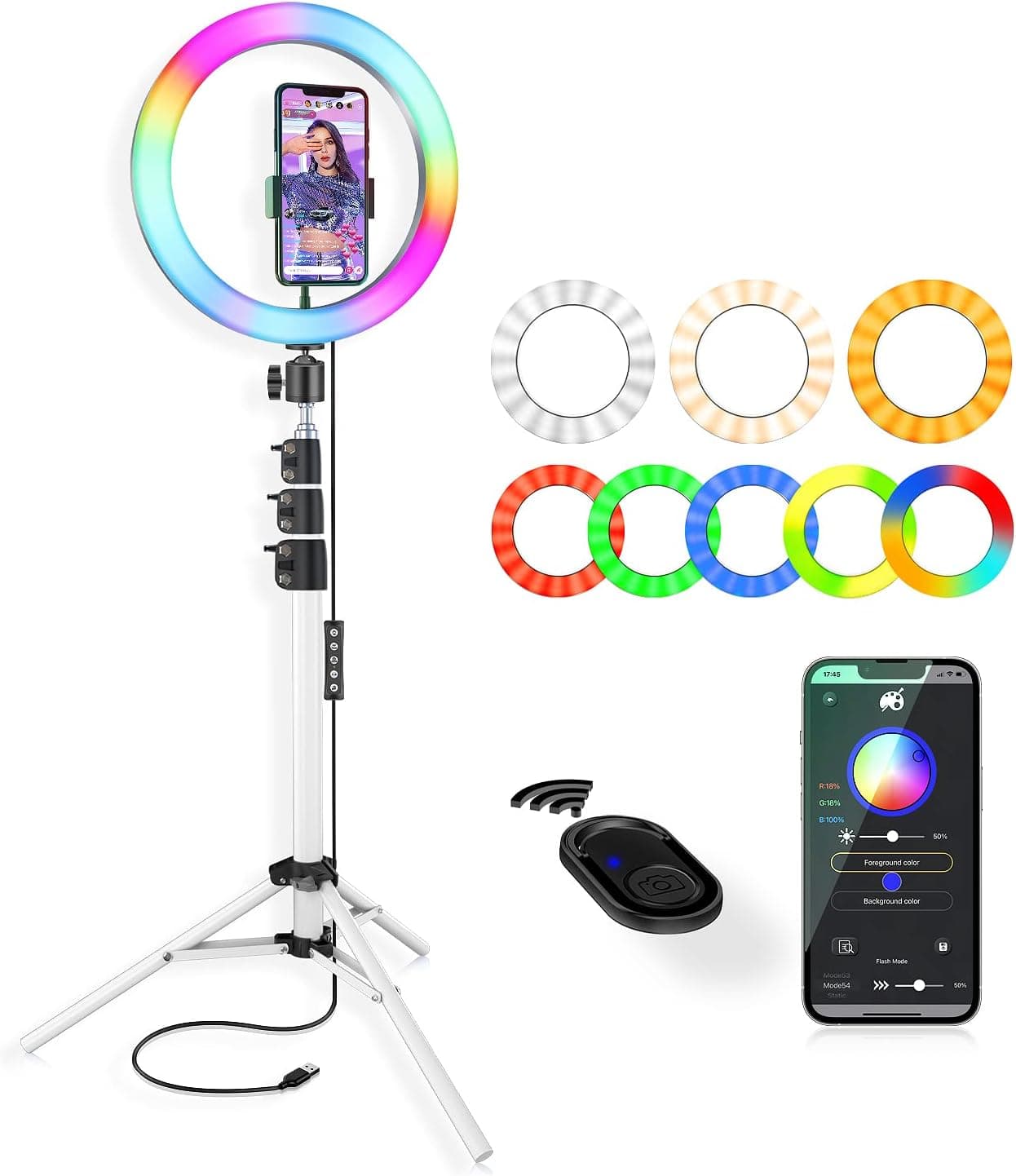 10'' Ring Light with Tripod Stand & Phone Holder - APP Control RGB Color Music Sync Circle Lights for TIK Tok YouTube Video Selfie Ambient Lighting
