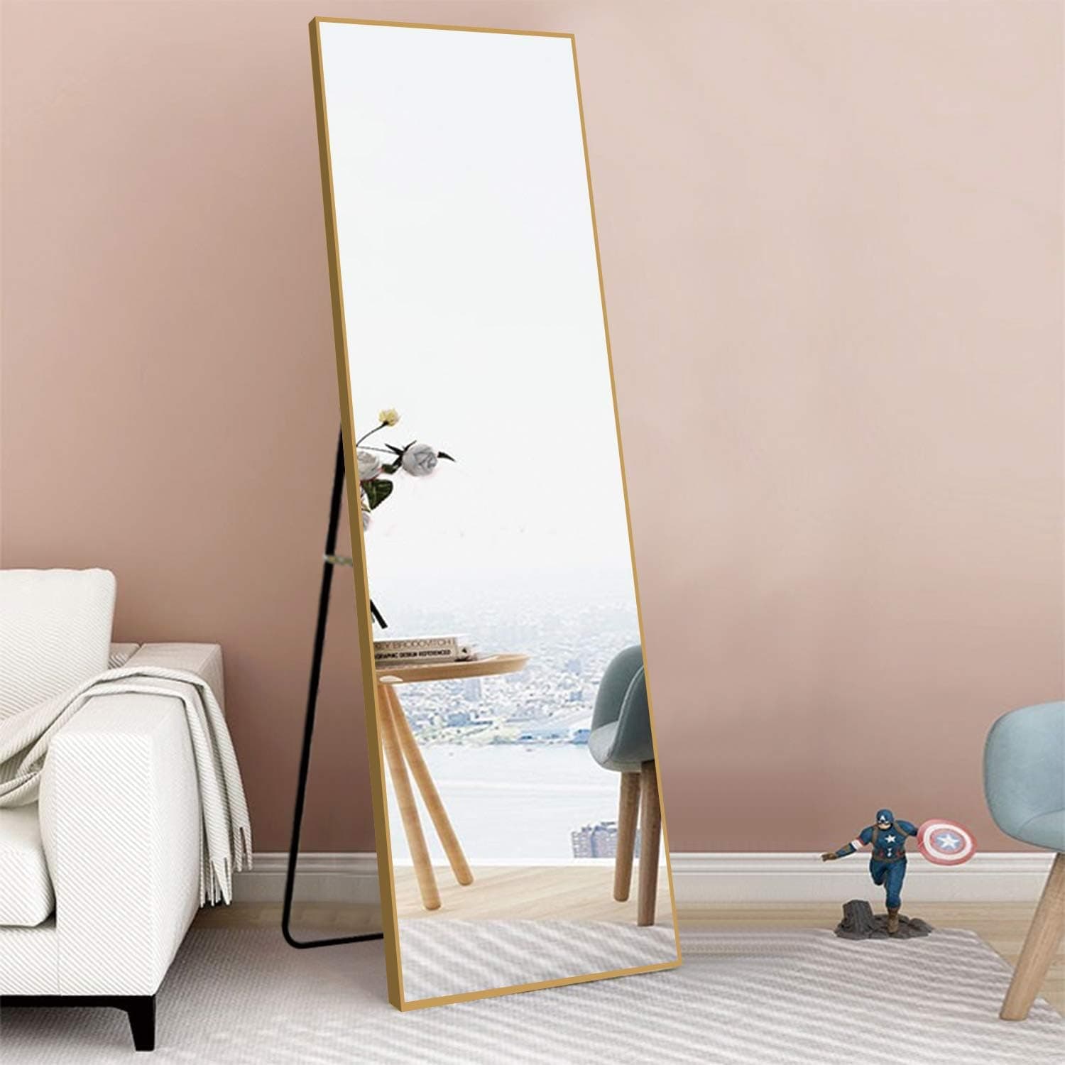 KIAYACI Full Length Floor Mirror with Standing Holder Large Wall Mounted Mirror Hanging Horizontal/Vertical Leaning Agaist Wall Bedroom Dressing Mirror Aluminum Alloy Frame (Gold, 65" x 22")