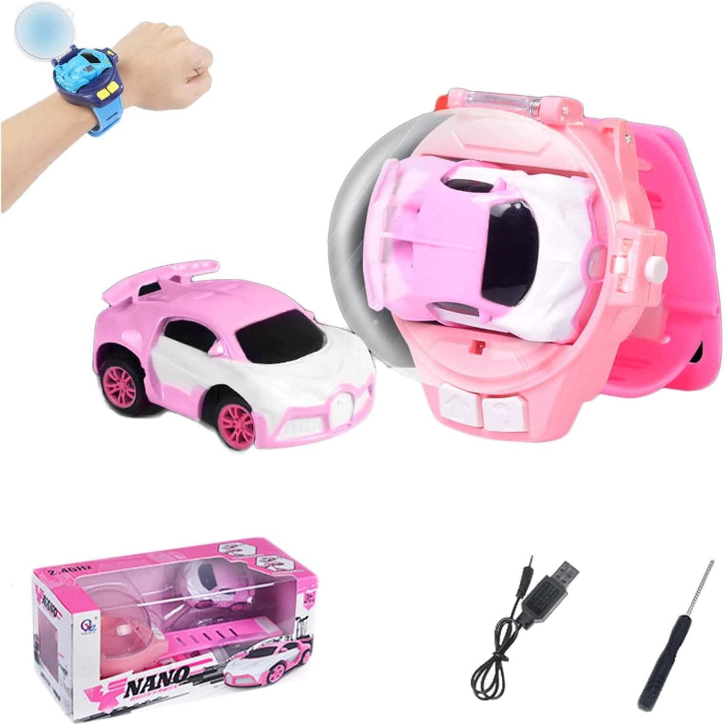 2022 New Mini Remote Control Car Watch Toys, Tiktok Watch Car Toys, 2.4 GHz Racing Car Watch with USB Charging Cartoon RC Small Car Gift for Boys and Girls (Pink C)