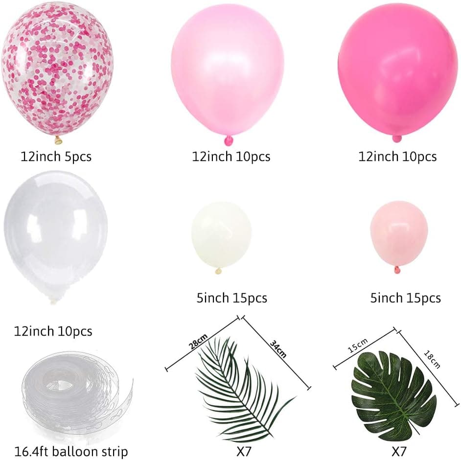 65pcs Hot Pink Balloons Arch Garland 14pcs Artificial Leaves DIY Balloon Garland Hawaiian Flamingo Theme Party Tropical Party Decor Balloons Garland Perfect for Baby Bridal Shower