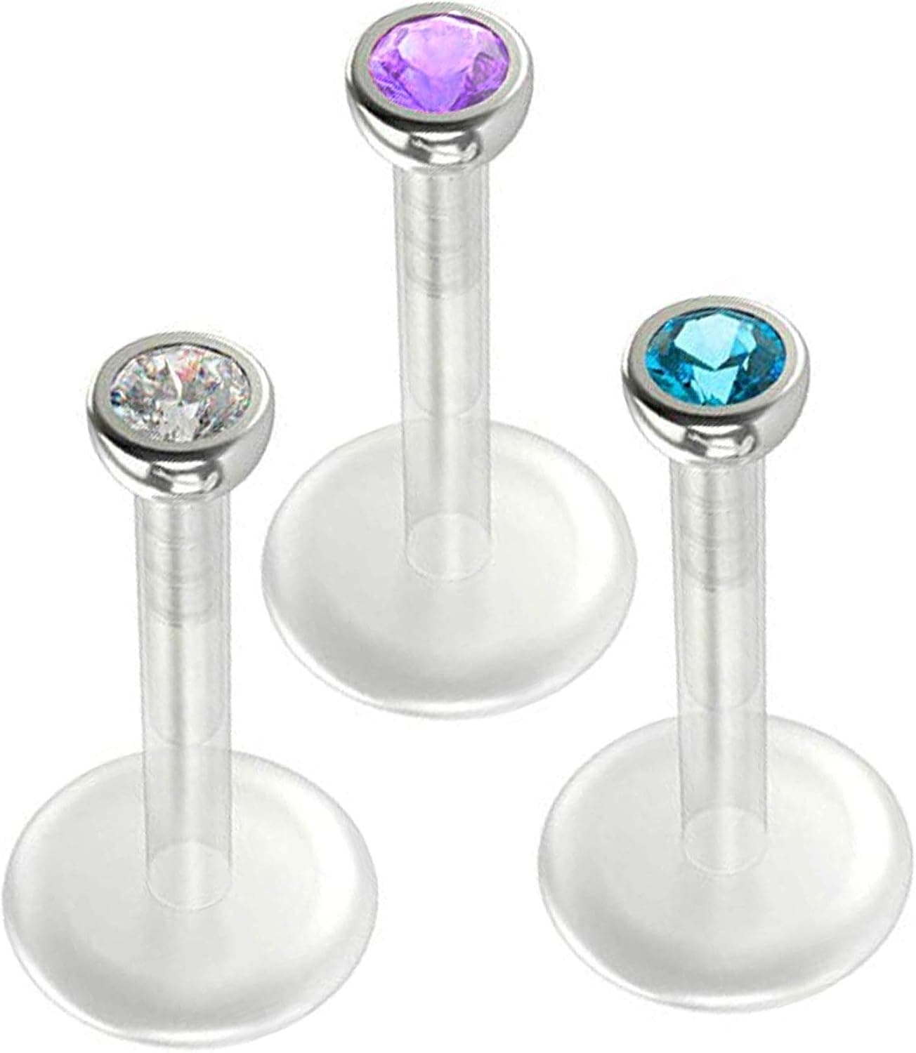 BodyJ4You 3PC Labret Stud Set 16G Monroe Lip Ring Ear Cartilage CZ Crystals Flexible Bioplast Jewelry