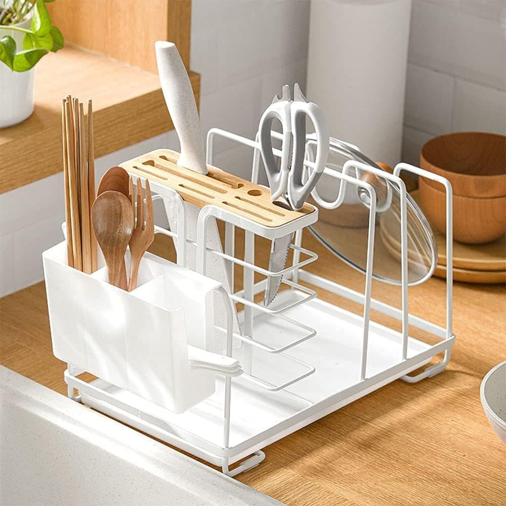 SUNFICON Cutting Board Organizer Pot Pan Lid Rack 8 Slots Knife Block Holder Cutlery Holder Kitchenware Storage Drying Rack Multifunctional Kitchen Pantry Cabinet Countertop Stand w Drip Tray White