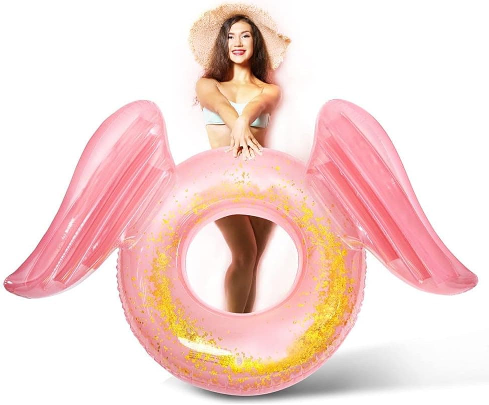 JLCCKJJS Inflatable Pool Floats with Glitter Angel Wings Sparkle Swimming Float Tubes Glitter Transparent Lounger for Kids Adults Swim Toys for Summer Pool Party Decoration Swim Rings for Fun Beach