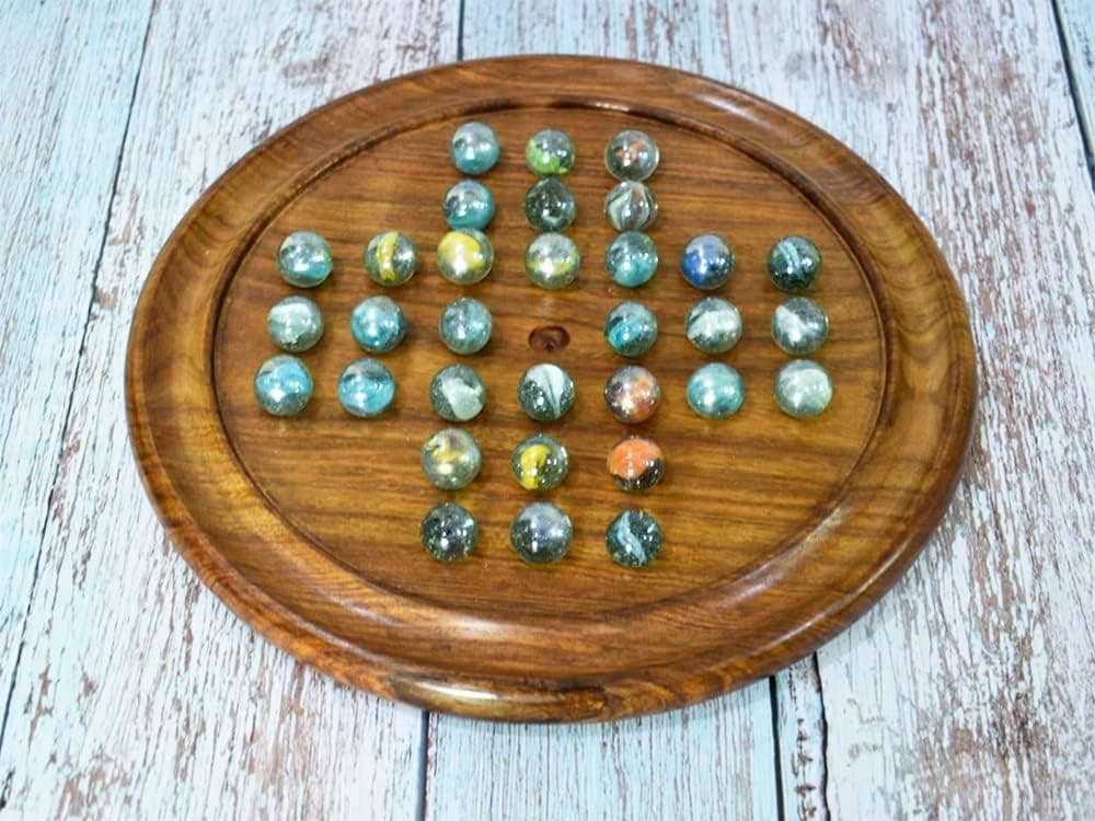 Ajuny Wooden Classic Solitaire Board Game with Glass Marbles Handcrafted 12 Inch