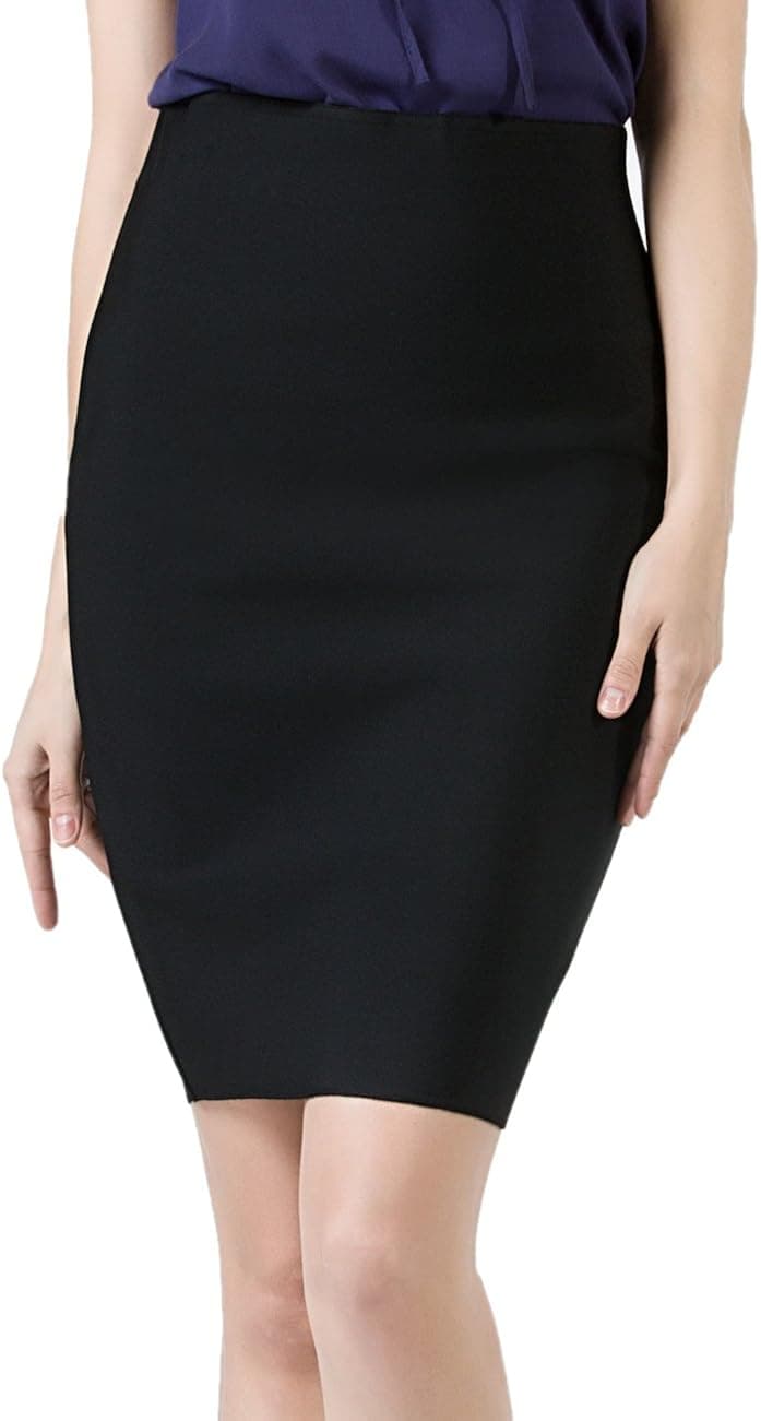 PERHAPS U Pencil Skirts Women's Stretchy High Waist Midi Bodycon Office Skirt(XL, Black)