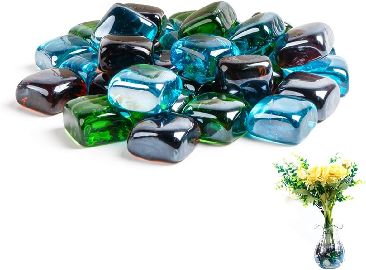 Decorlife 1.3LB Glass Stone Multiple Color Blended Blue Green Amber Square Shape Glass Cubes Glass Gems Glass Flat Bottom for Vase Fillers, Decorate Aquarium, Candlestick, Glass Container