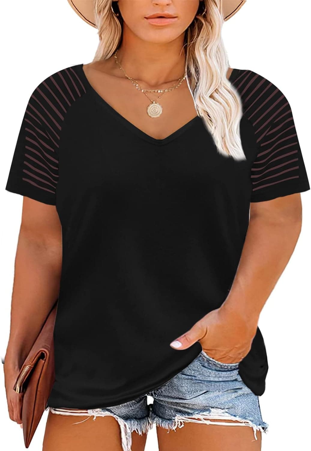Eytino Womens Plus Size V Neck Striped Short Sleeve Tops Casual Summer Pocketed Shirts Blouse(1X-5X)