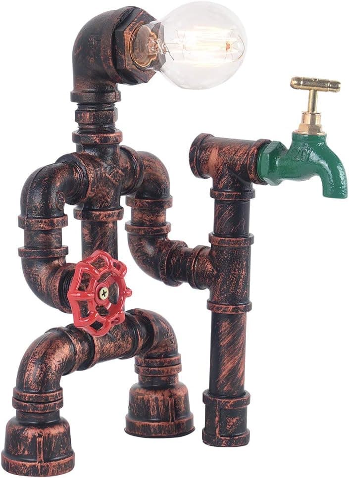 Lingkai Industrial Desk Lamp Retro Steampunk Table Lamp Rust Light Iron Lighting with Red Valve Handle and Switch