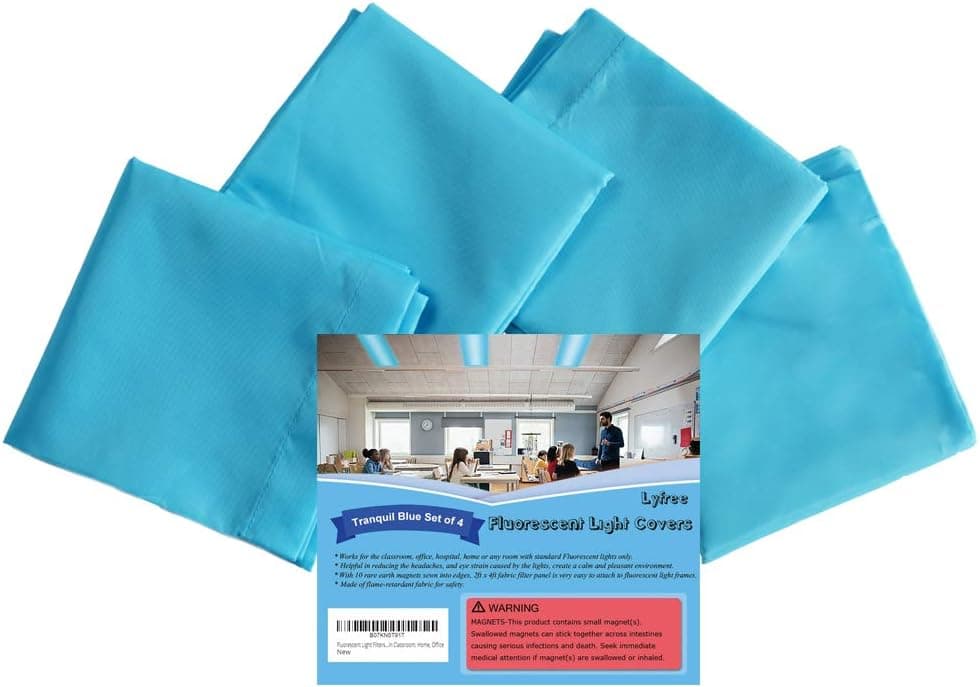 Lyfree Fluorescent Light Covers, Reducing Glare Harsh Flicker, Premium Fluorescent Light Filters for Classroom, Home, Office - (4 Pack, Tranquil Blue, 4ft x 2ft)