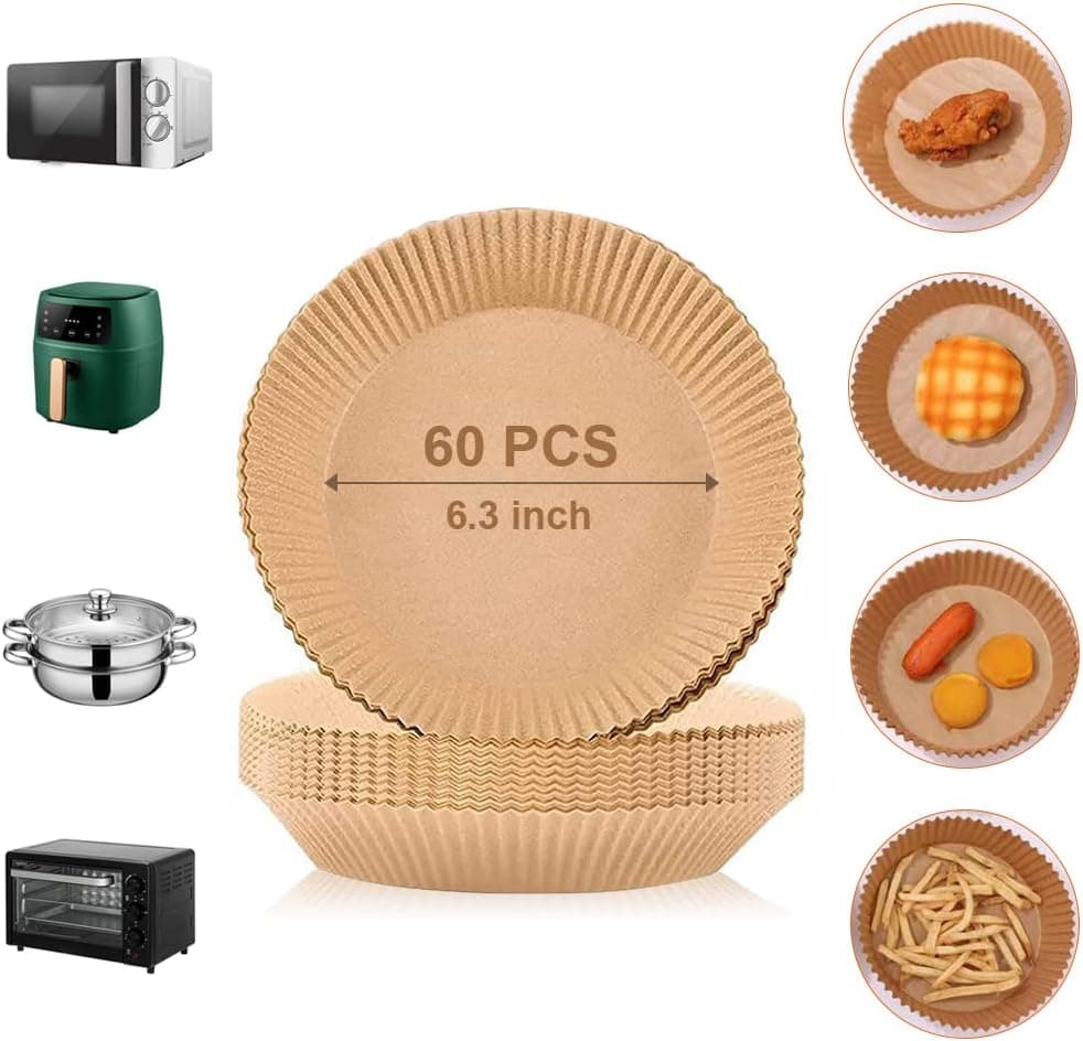 Air Fryer Disposable Paper Liner, ZIKO 60pcs 6.3in Round Air Fryer Paper Liners Baking Paper Parchment Non-Stick Oil Proof Waterproof Food Grade Paper Liner for Baking Roasting Microwave