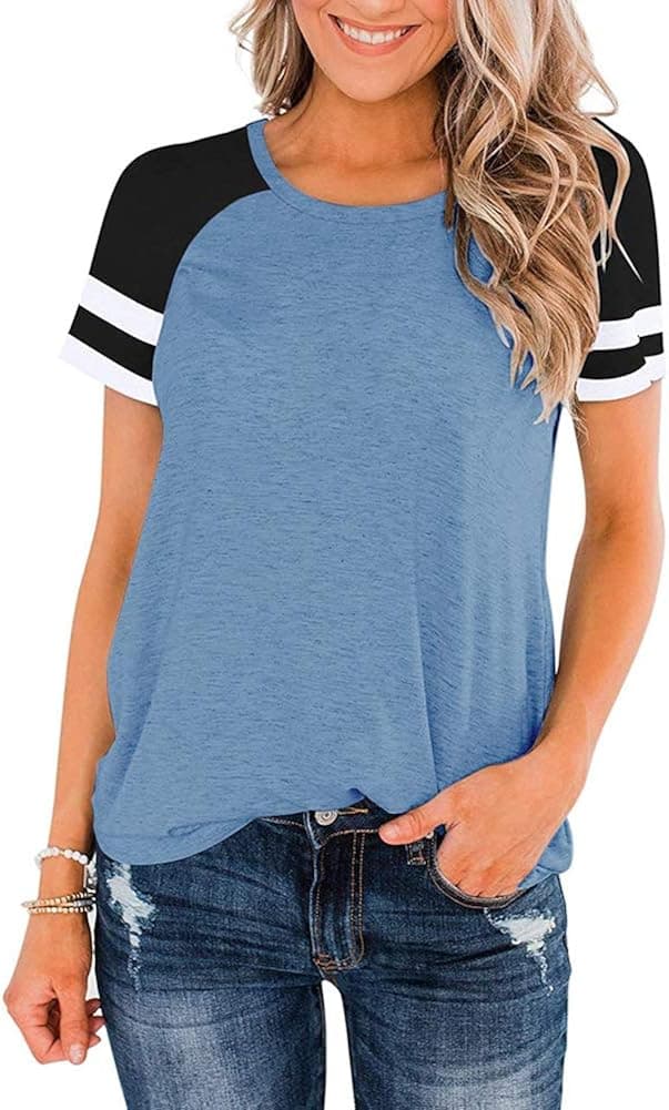 WAYMAKER Summer Color Block Tshirt Round Neck Raglan Shirt Sleeve Striped Tunic Casual Tee Tops (Light Blue,L)