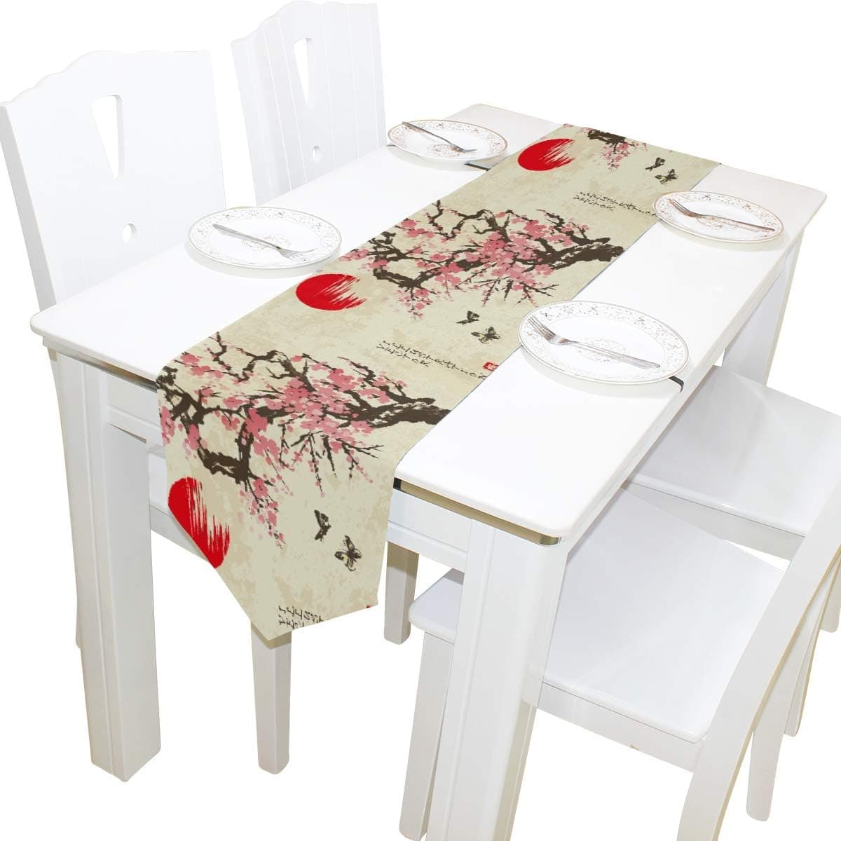 WOOR Double-Sided Spring Sakura Cherry Blossom with Butterflies Table Runner 13 x 90 Inches Long,Table Cloth Runner for Wedding Party Holiday Kitchen Dining Home Everyday Decor